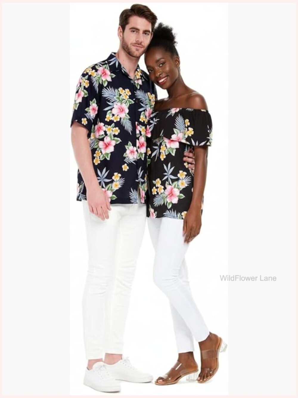 Matching Hawaiian Couple Set Aloha Shirt & Off-Shoulder Top Rayon Short Sleeve